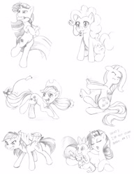 Size: 1920x2500 | Tagged: safe, artist:dstears, derpibooru import, applejack, fluttershy, pinkie pie, rainbow dash, rarity, spike, twilight sparkle, dragon, earth pony, pegasus, pony, unicorn, bipedal, mane seven, mane six, monochrome, mouth hold, prehensile mane, sketch, wii, wii remote, wing hands