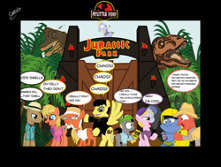 Size: 1027x778 | Tagged: safe, artist:chiimich, derpy hooves, brachiosaurus, dilophosaurus, dinosaur, pegasus, pony, tyrannosaurus rex, alan grant, dennis nedry, ellie sattler, female, ian malcolm, imminent gore, john hammond, jurassic park, lex murphy, mare, mr. dna, ponified, robert muldoon, tim murphy