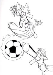 Size: 567x800 | Tagged: safe, artist:drpain, derpibooru import, applejack, rainbow dash, earth pony, pegasus, pony, football, monochrome, sports, world cup