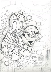 Size: 1024x1427 | Tagged: safe, artist:iyzeekiil, derpy hooves, pegasus, pony, black and white, crossover, female, grayscale, mare, miles "tails" prower, monochrome, sonic the hedgehog (series)