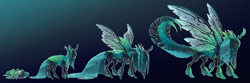 Size: 10923x3630 | Tagged: safe, artist:turnipberry, queen chrysalis, changeling, changeling queen, the ending of the end, abdomen, absurd resolution, age progression, alternate design, baby, changeling egg, dark background, female, filly, filly queen chrysalis, gradient background, green background, grub, mandibles, realistic anatomy, simple background, stinger, tattered, tattered wings, tongue out, ultimate chrysalis, wings, younger