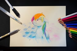 Size: 2000x1332 | Tagged: safe, artist:j24262756, derpibooru import, rainbow dash, pegasus, pony, female, mare, solo, traditional art, unamused, wet mane