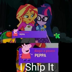 Size: 350x350 | Tagged: safe, edit, edited screencap, screencap, sci-twi, sunset shimmer, twilight sparkle, equestria girls, legend of everfree, camp everfree outfits, female, i ship it, lesbian, peppa pig, ponytail, scitwishimmer, shipping, sunsetsparkle