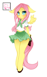 Size: 2975x4822 | Tagged: safe, artist:punipaws, fluttershy, anthro, unguligrade anthro, ambiguous facial structure, blushing, clothes, school uniform, skirt, solo