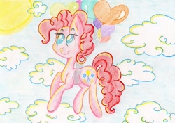 Size: 1488x1054 | Tagged: safe, artist:iguana14, pinkie pie, earth pony, pony, balloon, cloud, cloudy, flying, solo, then watch her balloons lift her up to the sky, traditional art