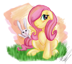 Size: 1600x1411 | Tagged: safe, artist:rariedash, angel bunny, fluttershy, pegasus, pony, blushing, female, mare