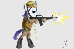 Size: 1500x1000 | Tagged: safe, artist:pandramodo, rarity, pony, unicorn, bipedal, gun, m4, rifle, solo