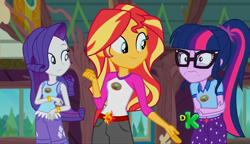 Size: 1280x738 | Tagged: safe, screencap, rarity, sci-twi, sunset shimmer, twilight sparkle, equestria girls, legend of everfree, discovery family logo