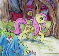 Size: 684x653 | Tagged: safe, artist:night-owl8, angel bunny, basil, fluttershy, cockatrice, dragon, pegasus, pony, traditional art