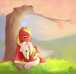 Size: 1959x1930 | Tagged: safe, artist:obligatorilyoptional, big macintosh, fluttershy, earth pony, pegasus, pony, cuddling, fluttermac, male, shipping, snuggling, stallion, straight, tree