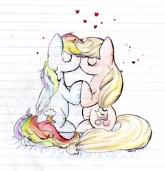 Size: 1861x1927 | Tagged: safe, artist:wonderwal, derpibooru import, applejack, rainbow dash, earth pony, pegasus, pony, appledash, female, kissing, lesbian, lined paper, shipping, traditional art