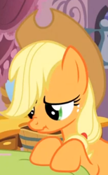 Size: 418x678 | Tagged: safe, applejack, earth pony, pony, blonde mane, female, mare, orange coat, scrunchy face, solo, what my cutie mark is telling me