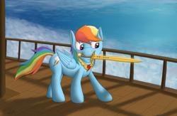 Size: 3200x2080 | Tagged: safe, artist:davinciwolf, derpibooru import, rainbow dash, pegasus, pony, fanfic:austraeoh, element of loyalty, fanfic, fanfic art, female, mare, sky, solo, sword, sword in mouth, weapon