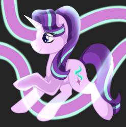 Size: 2473x2505 | Tagged: safe, artist:azure-quill, starlight glimmer, pony, unicorn, abstract background, backwards cutie mark, female, glow, mare, profile, raised hoof, smiling, solo