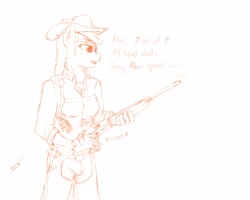 Size: 5000x4000 | Tagged: safe, artist:devious-stylus, artist:sky bound, applejack, anthro, chaps, cowboy hat, eyepatch, gun, hat, holster, mercenary, polo, rifle, stetson