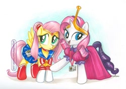 Size: 800x565 | Tagged: safe, artist:amy mebberson, fluttershy, rarity, pony, unicorn, adventure time, cosplay, princess bubblegum, sailor moon, traditional art