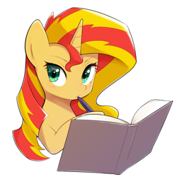 Size: 1100x1100 | Tagged: safe, artist:30clock, sunset shimmer, pony, unicorn, book, bust, cute, female, holding, mare, pen, shimmerbetes, simple background, solo, thinking, white background