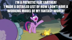 Size: 1280x720 | Tagged: safe, artist:jarrahwhite, edit, edited screencap, screencap, cozy glow, lord tirek, queen chrysalis, twilight sparkle, twilight sparkle (alicorn), alicorn, changeling, changeling queen, pony, frenemies (episode), caption, disguise, disguised changeling, female, flat earth, image macro, mare, meme, text, the pathetic princess thing