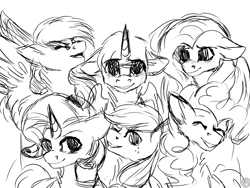 Size: 1024x768 | Tagged: safe, artist:racheldantes, derpibooru import, applejack, fluttershy, pinkie pie, rainbow dash, rarity, twilight sparkle, twilight sparkle (alicorn), alicorn, earth pony, pegasus, pony, unicorn, crying, floppy ears, mane six, monochrome, sketch, smiling, tears of joy