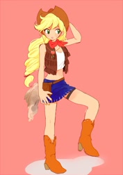 Size: 550x777 | Tagged: safe, artist:aco, applejack, boots, clothes, humanized, pixiv, skirt, solo, vest