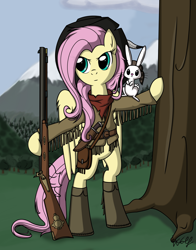 Size: 2842x3620 | Tagged: safe, artist:isegrim87, angel bunny, fluttershy, pegasus, pony, badass, clothes, flutterbadass, gun, knife, rifle, tree, weapon