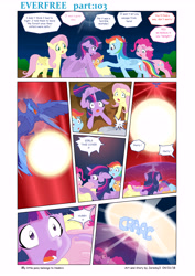 Size: 6197x8760 | Tagged: safe, artist:jeremy3, derpibooru import, fluttershy, pinkie pie, rainbow dash, scootaloo, twilight sparkle, twilight sparkle (alicorn), alicorn, earth pony, pegasus, phoenix, pony, comic:everfree, absurd resolution, comic, force field, night phoenix