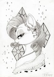 Size: 899x1280 | Tagged: safe, artist:drake, rarity, pony, unicorn, gem, monochrome, necklace, smiling, solo, traditional art