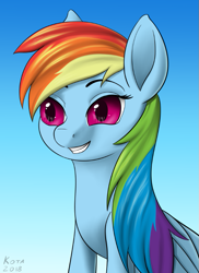 Size: 655x900 | Tagged: safe, artist:kota, derpibooru import, rainbow dash, pegasus, pony, gradient background, smiling, solo