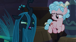 Size: 1920x1080 | Tagged: safe, screencap, cozy glow, queen chrysalis, changeling, changeling queen, pegasus, pony, the summer sun setback, barrel, cozy glow is not amused, duo, female, filly, flying, foal, narrowed eyes