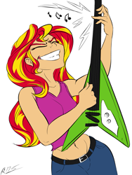 Size: 903x1200 | Tagged: safe, artist:drizziedoodles, sunset shimmer, equestria girls, belly button, clothes, electric guitar, excited, eyes closed, flying v, grin, guitar, happy, human coloration, midriff, pants, playing, signature, smiling, solo, sunset shredder