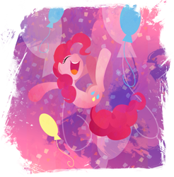 Size: 901x916 | Tagged: safe, artist:rariedash, part of a set, pinkie pie, earth pony, pony, balloon, cutie mark, cutie mark background, eyes closed, female, happy, hooves, lineless, mare, open mouth, solo, teeth