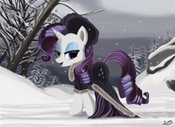 Size: 2200x1600 | Tagged: safe, artist:warfost, rarity, pony, unicorn, clothes, coat, dress, earring, fur, fur hat, hat, snow, snowfall, solo, ushanka, winter