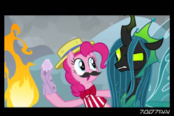Size: 1288x858 | Tagged: safe, edit, edited screencap, editor:teren rogriss, screencap, mean twilight sparkle, pinkie pie, queen chrysalis, changeling, changeling queen, earth pony, pony, frenemies (episode), the ending of the end, fake moustache, female, fire, log, ultimate chrysalis, wood