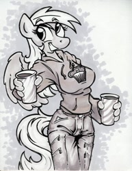 Size: 850x1100 | Tagged: safe, artist:trollie trollenberg, derpy hooves, anthro, clothes, coffee, hoodie, monochrome, smiling, solo