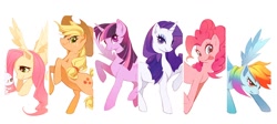 Size: 900x404 | Tagged: safe, artist:klindiqiemomo, derpibooru import, angel bunny, applejack, fluttershy, pinkie pie, rainbow dash, rarity, twilight sparkle, twilight sparkle (alicorn), alicorn, earth pony, pegasus, pony, unicorn, cowboy hat, cute, female, hat, looking at you, mane six, mare, pixiv, raised hoof, simple background, spread wings, tongue out, white background, wings