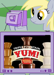 Size: 520x718 | Tagged: safe, derpy hooves, pegasus, pony, chocolate fountain, exploitable meme, female, golden corral, mare, meme, obligatory pony, tv meme