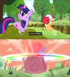 Size: 1438x1600 | Tagged: safe, screencap, applejack, twilight sparkle, earth pony, pony, atomic rainboom, rainbow nuke, youtube caption