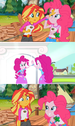 Size: 1366x2304 | Tagged: safe, edit, edited screencap, screencap, pinkie pie, sunset shimmer, equestria girls, friendship games, legend of everfree, discovery kids, exploitable meme, friendship games bloopers, meme, self paradox, sunset sees things