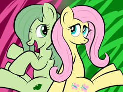 Size: 1600x1200 | Tagged: artist needed, safe, fluttershy, oc, earth pony, pegasus, pony, back to back, female, looking at each other, mare, one eye closed, wingless, wink