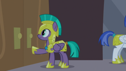 Size: 1920x1080 | Tagged: safe, screencap, queen chrysalis, changeling, changeling queen, pegasus, pony, the summer sun setback, armor, disguise, disguised changeling, female, helmet, hoof shoes, mare, royal guard, royal guard armor, solo focus, tail wrap, vanguard cover