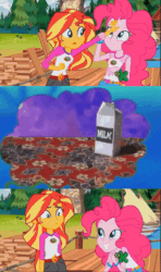 Size: 356x600 | Tagged: safe, edit, edited screencap, screencap, pinkie pie, sunset shimmer, equestria girls, legend of everfree, animated, discovery kids, everything is ruined, exploitable meme, gif, meme, pure unfiltered evil, spilled milk, spongebob squarepants, sunset sees things, the inner machinations of my mind are an enigma