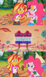 Size: 1366x2304 | Tagged: safe, edit, edited screencap, screencap, pinkie pie, sunset shimmer, equestria girls, legend of everfree, discovery kids, meme, sponge out of water, spongebob squarepants, sunset sees things