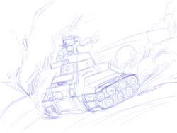 Size: 2800x2100 | Tagged: artist needed, safe, applejack, earth pony, pony, female, mare, monochrome, simple background, sketch, speed lines, tank (vehicle), white background