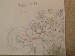 Size: 2592x1944 | Tagged: safe, rarity, spike, dragon, pony, unicorn, don-chan, happy new year, taiko drum master