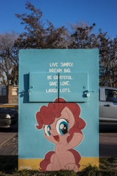 Size: 1080x1620 | Tagged: safe, artist:shinodage, pinkie pie, earth pony, pony, cute, diapinkes, female, filly, foal, graffiti, irl, photo, positive ponies, solo, street art, text