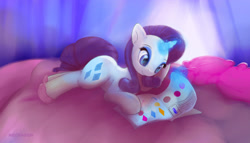 Size: 1790x1024 | Tagged: safe, artist:mechagen, rarity, pony, unicorn, bed, book, catalog, clothes, diamond, magic, reading, slippers, solo