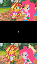 Size: 430x725 | Tagged: safe, edit, edited screencap, screencap, pinkie pie, sunset shimmer, equestria girls, legend of everfree, animated, discovery kids, gif, heavy weapons guy, meet the pyro, meme, pinkie pyro, pyro, pyroland, seems legit, sunset sees things, team fortress 2, xk-class end-of-the-world scenario