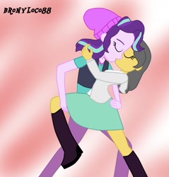 Size: 1516x1588 | Tagged: safe, starlight glimmer, oc, equestria girls, beanie, clothes, female, hat, kissing, leg hold, lesbian, skirt