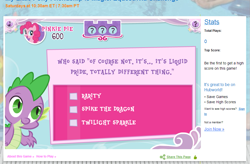 Size: 957x629 | Tagged: safe, screencap, pinkie pie, spike, dragon, earth pony, pony, game, hubworld, liquid pride, text