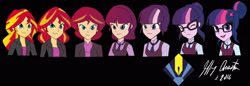 Size: 2804x960 | Tagged: safe, artist:penspark, sci-twi, sunset shimmer, twilight sparkle, equestria girls, character to character, clothes, crystal prep academy, crystal prep academy uniform, crystal prep shadowbolts, glasses, open mouth, school uniform, sequence, smiling, transformation